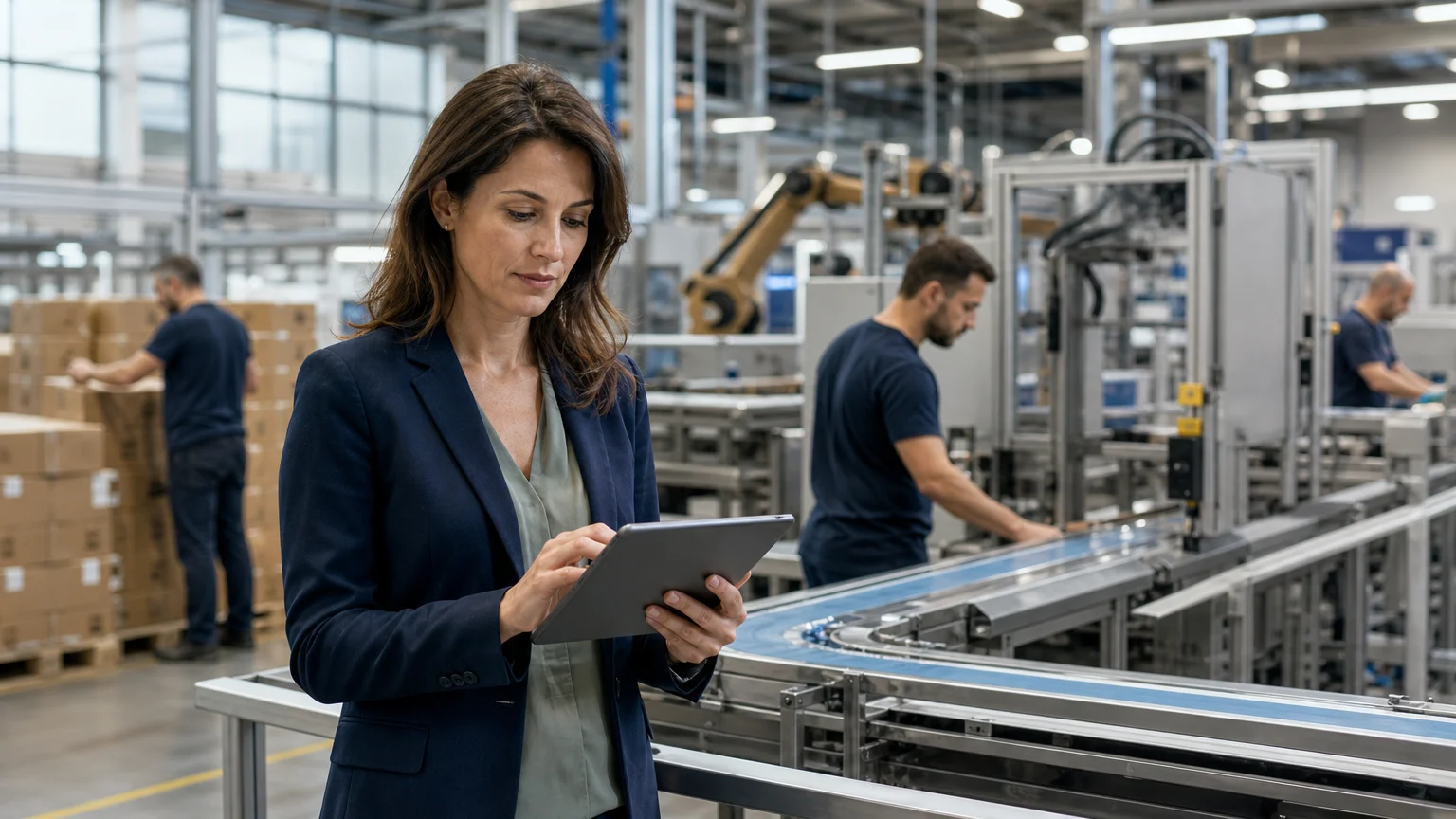 Professionnelle européenne consultant une tablette près d’une chaîne de production