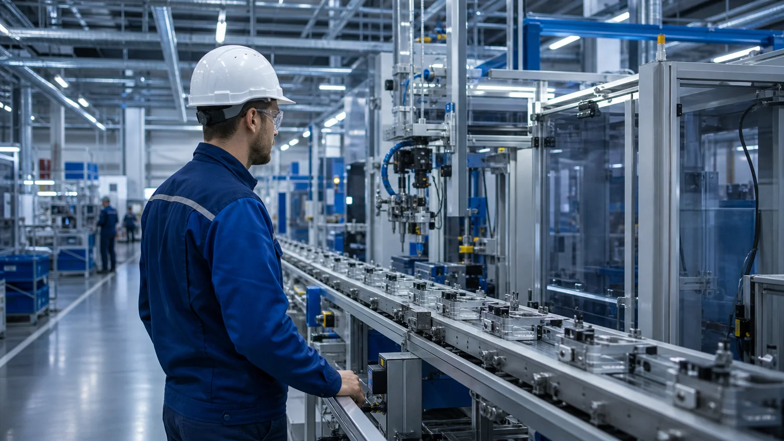 Ouvrier supervisant une chaîne de production en usine