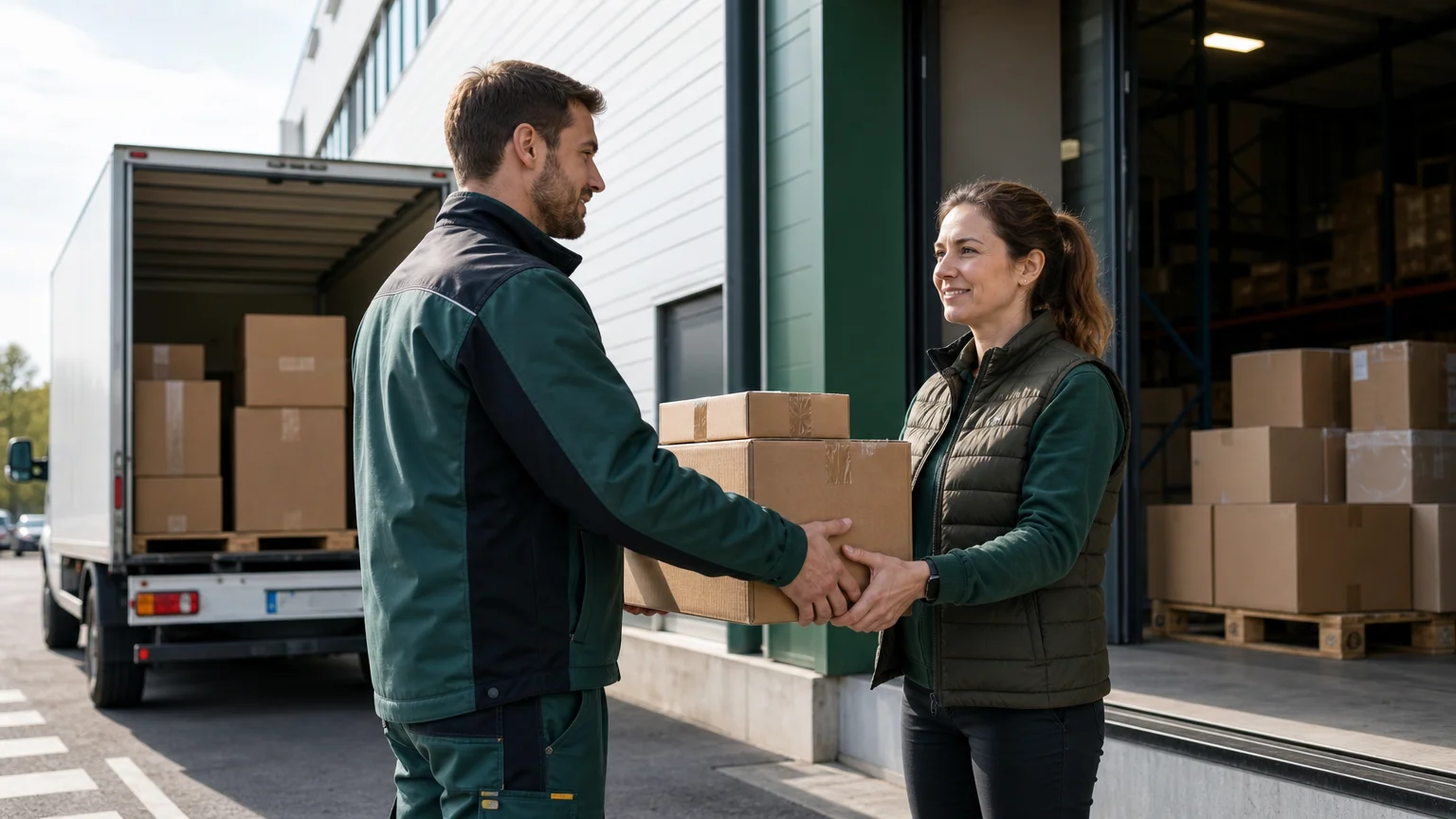 Livraison de marchandises par un fournisseur devant un entrepôt