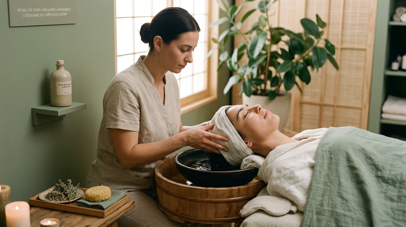 Cliente profitant d'une prestation head spa dans une ambiance apaisante
