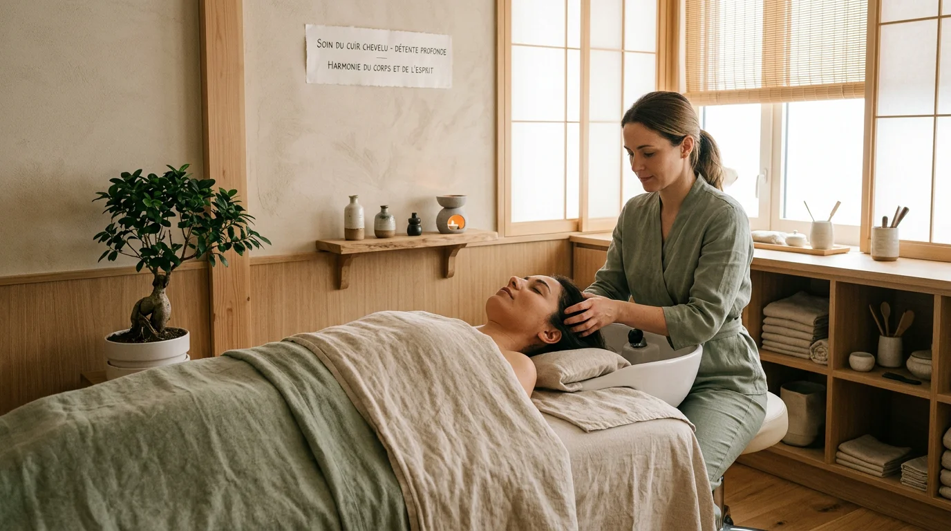 Praticienne réalisant un massage du cuir chevelu lors d'une prestation head spa