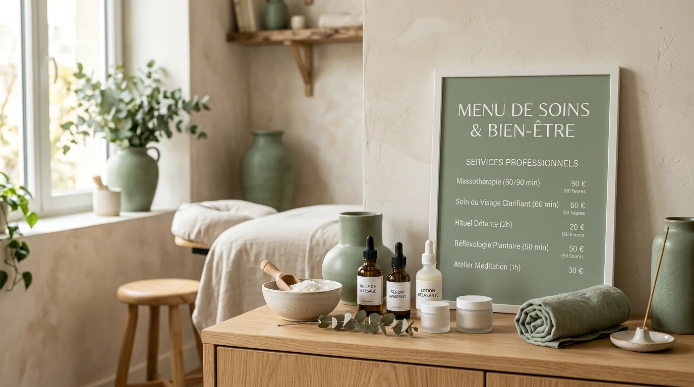 Carte de tarifs et produits d'un salon proposant des soins head spa