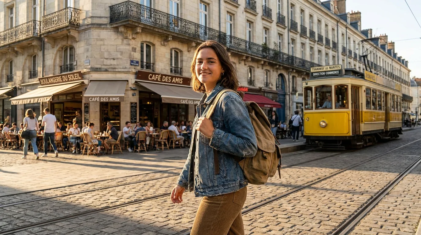 Étudiant marchant dans une rue animée de Nantes avec un sac à dos, ambiance dynamique et ensoleillée
