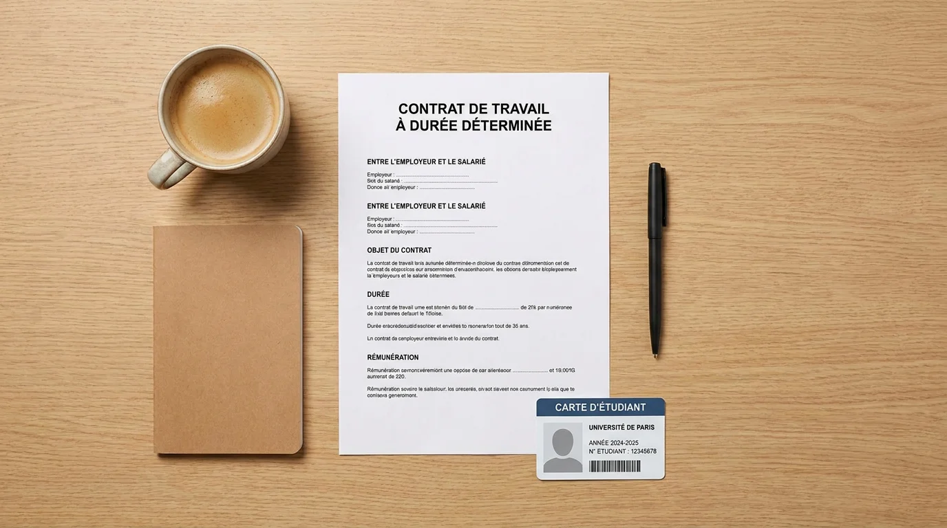 Vue à plat d'un contrat de travail français, d'une carte étudiante, d'un stylo et d'un carnet sur un bureau en bois clair
