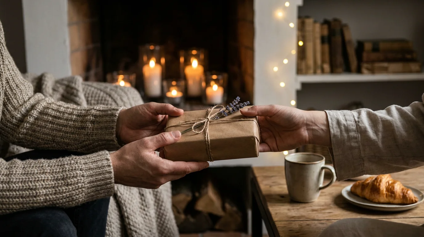 Deux mains échangeant un petit cadeau dans une ambiance chaleureuse à la maison
