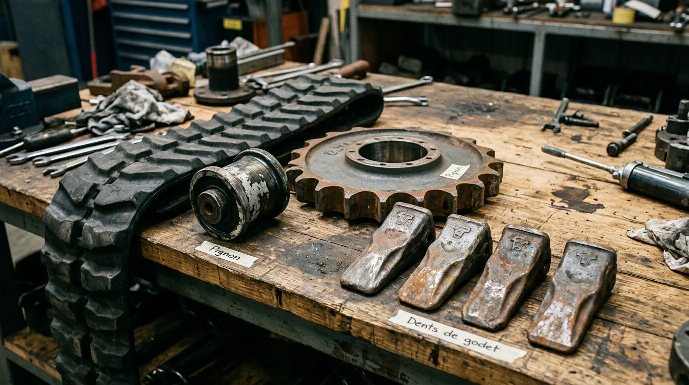 Pièces d'usure d'engin TP posées sur un établi d'atelier