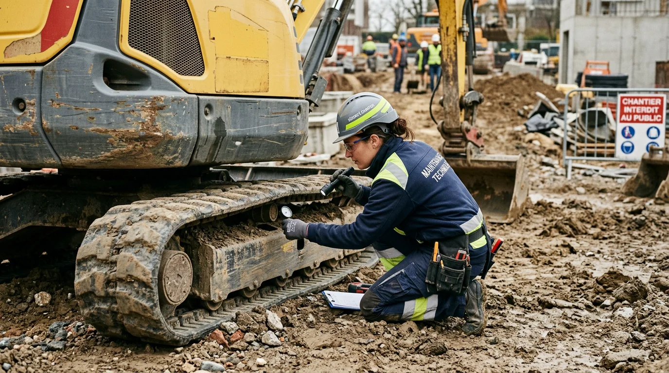 Technicien inspectant le train de roulement d'une mini-pelle sur chantier