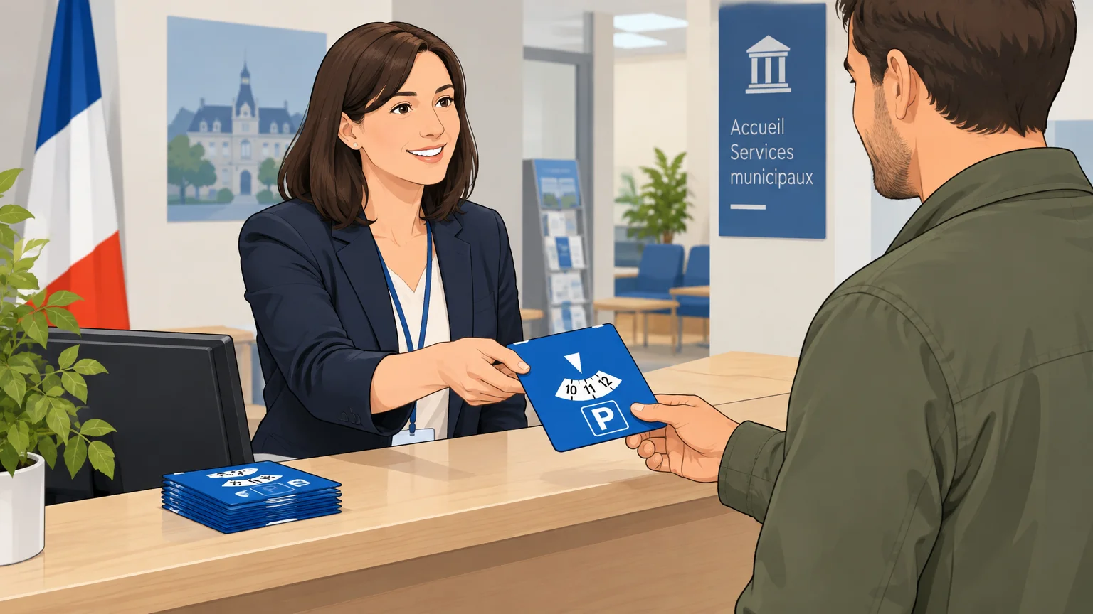 Distribution d’un disque de stationnement personnalisé dans un accueil municipal français