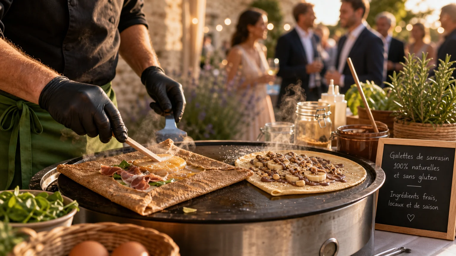 Préparation en direct de galettes et de crêpes pendant une réception en Provence
