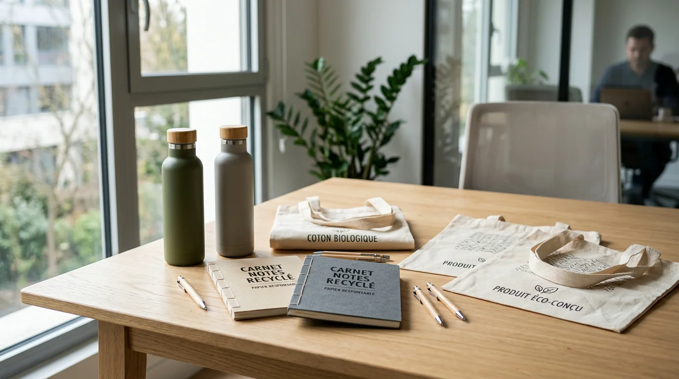 Petite série d'objets publicitaires éco-conçus posés sur un bureau