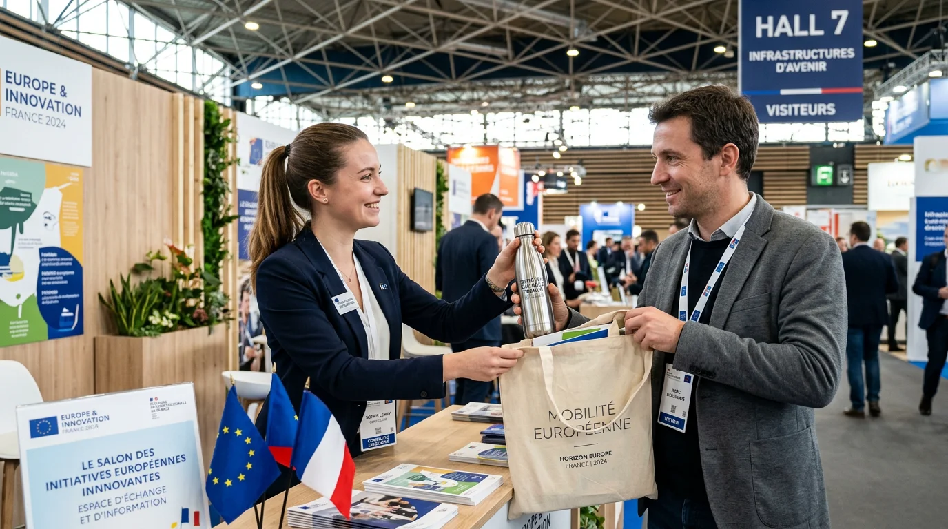 Remise de goodies personnalisés sur un stand de salon professionnel