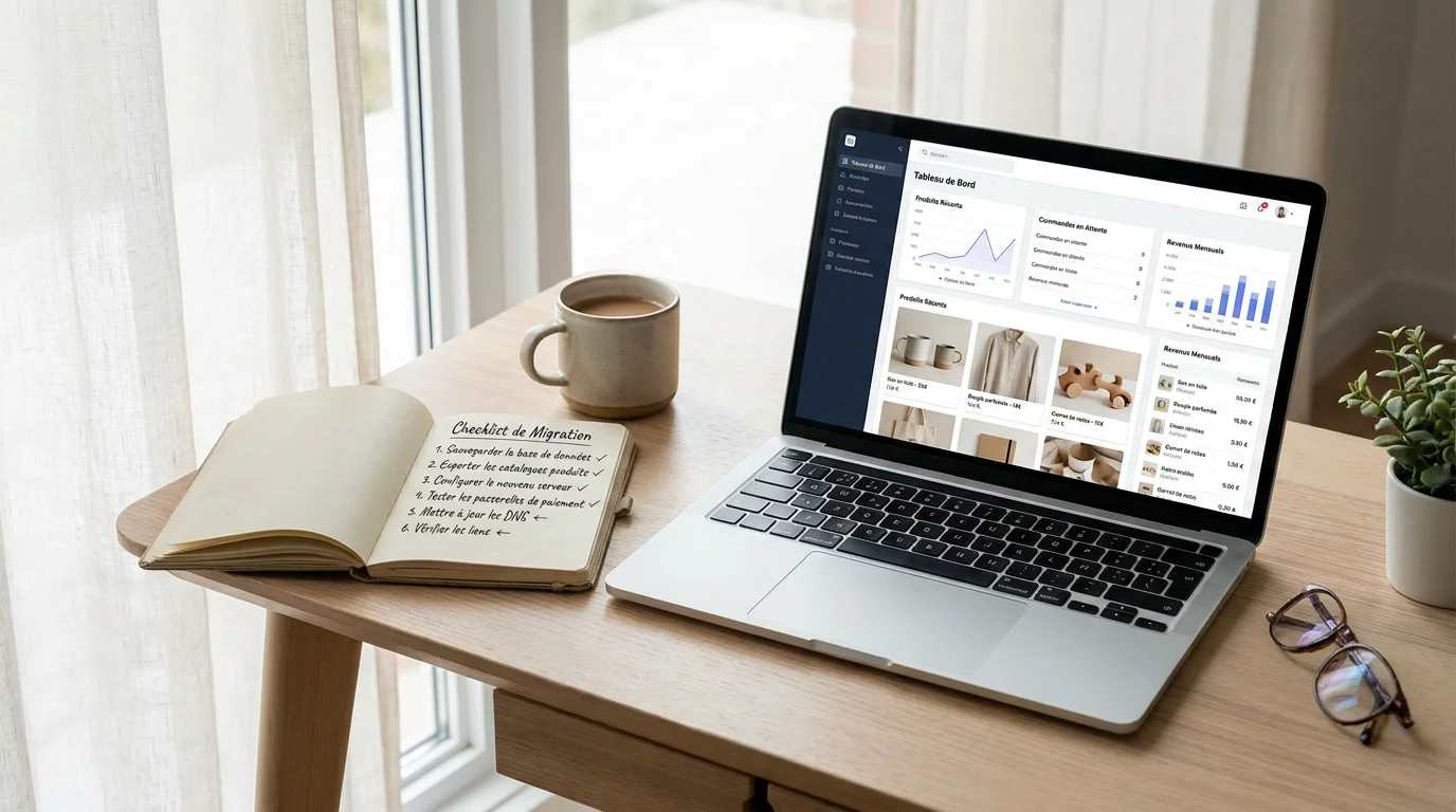Écran d'ordinateur affichant un tableau de bord e-commerce lors d'une migration de boutique en ligne