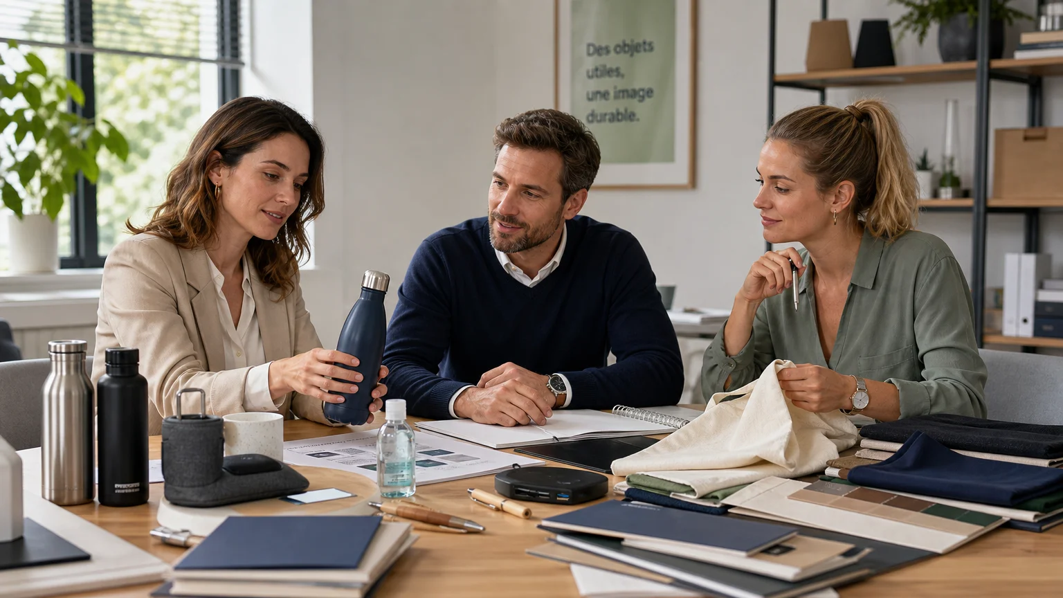 Professionnels français réunis autour d’échantillons d’objets publicitaires