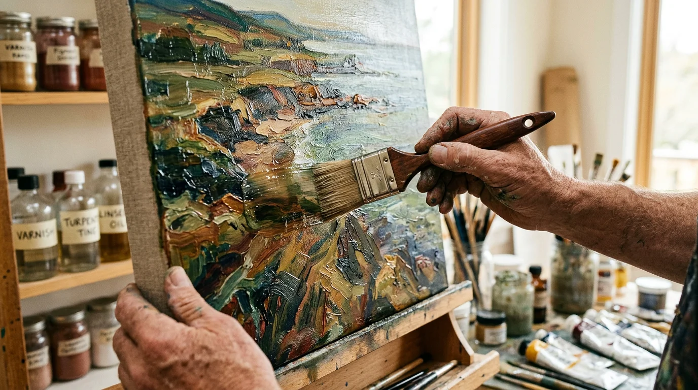 Artist applying protective varnish to an original oil painting in a studio