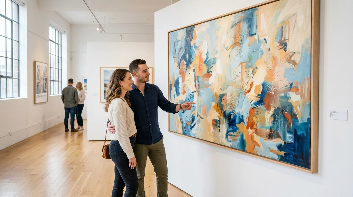 Two visitors viewing a large original painting in a contemporary gallery