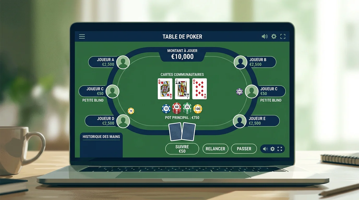 Table de poker en ligne affichée sur un ordinateur portable avec cartes et jetons