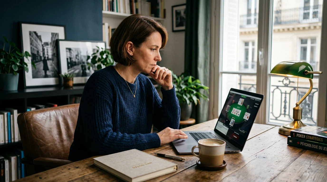 Joueur concentré devant une partie de poker en ligne sur ordinateur portable