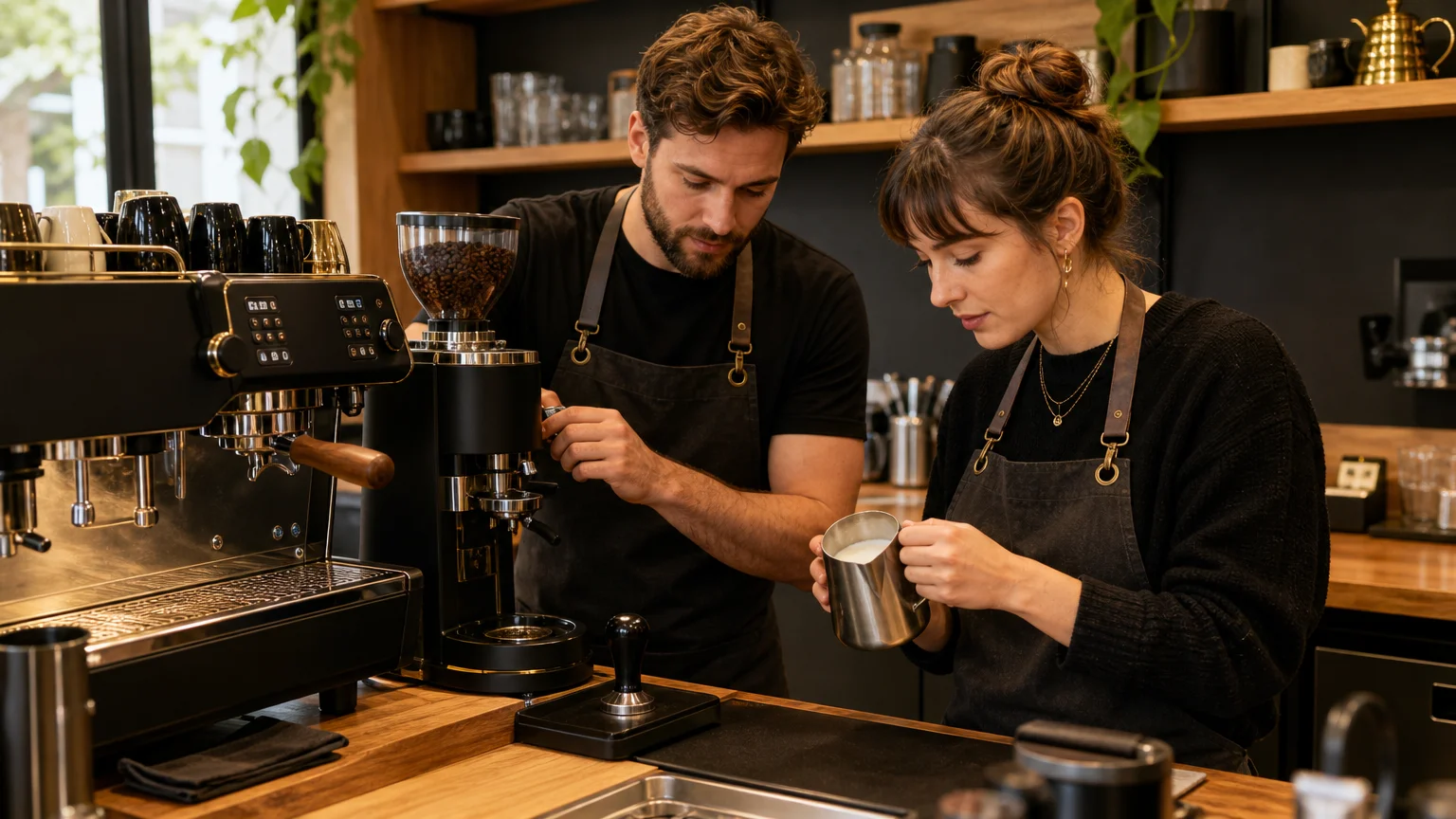 Deux élèves pratiquent le réglage du moulin et la préparation du lait pendant une formation barista