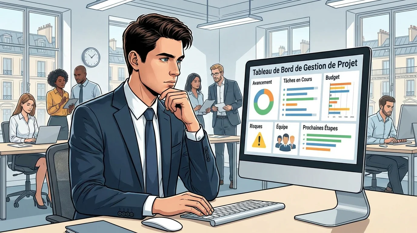Étudiant en alternance management travaillant sur un tableau de bord dans un bureau en France