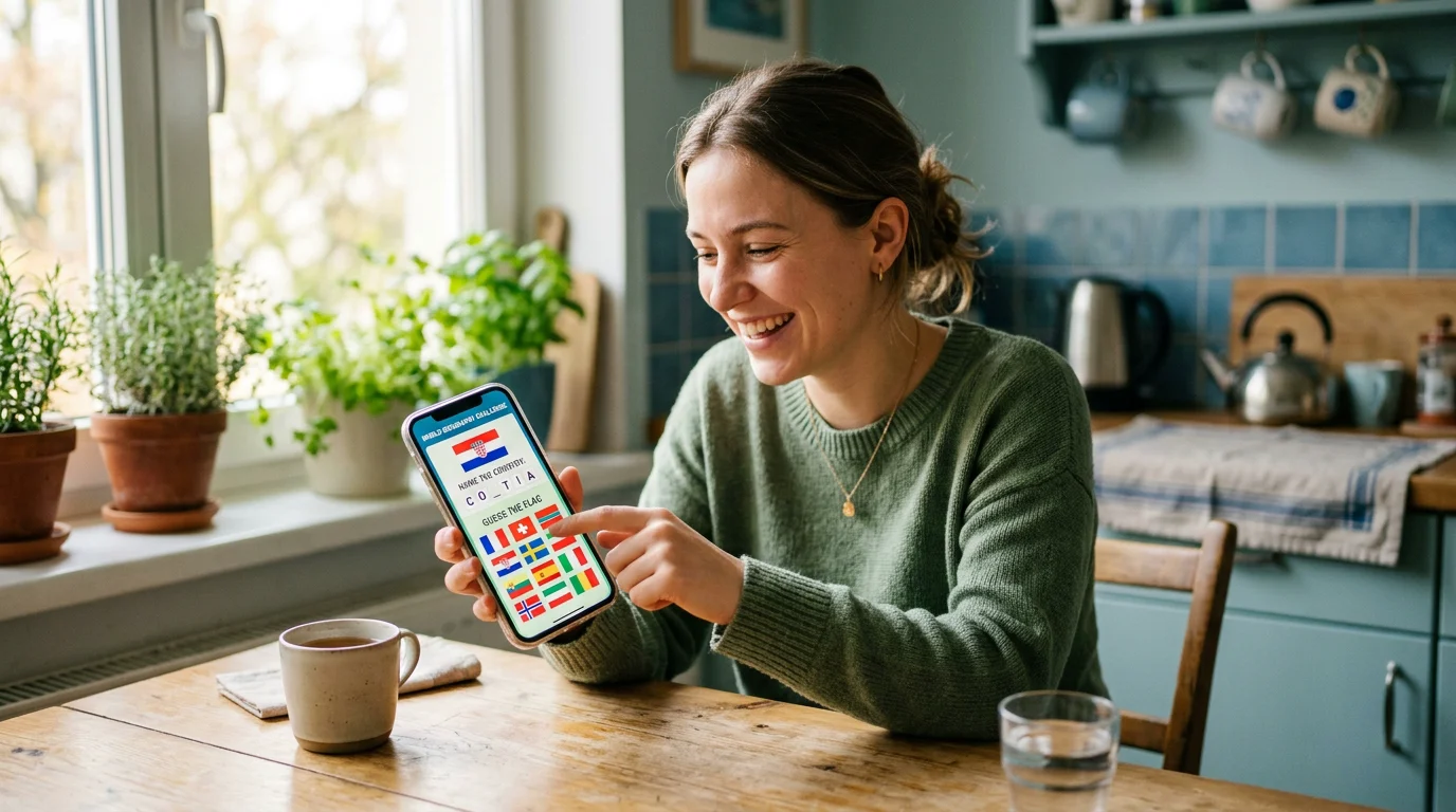 Young woman playing a daily country guessing game on her phone