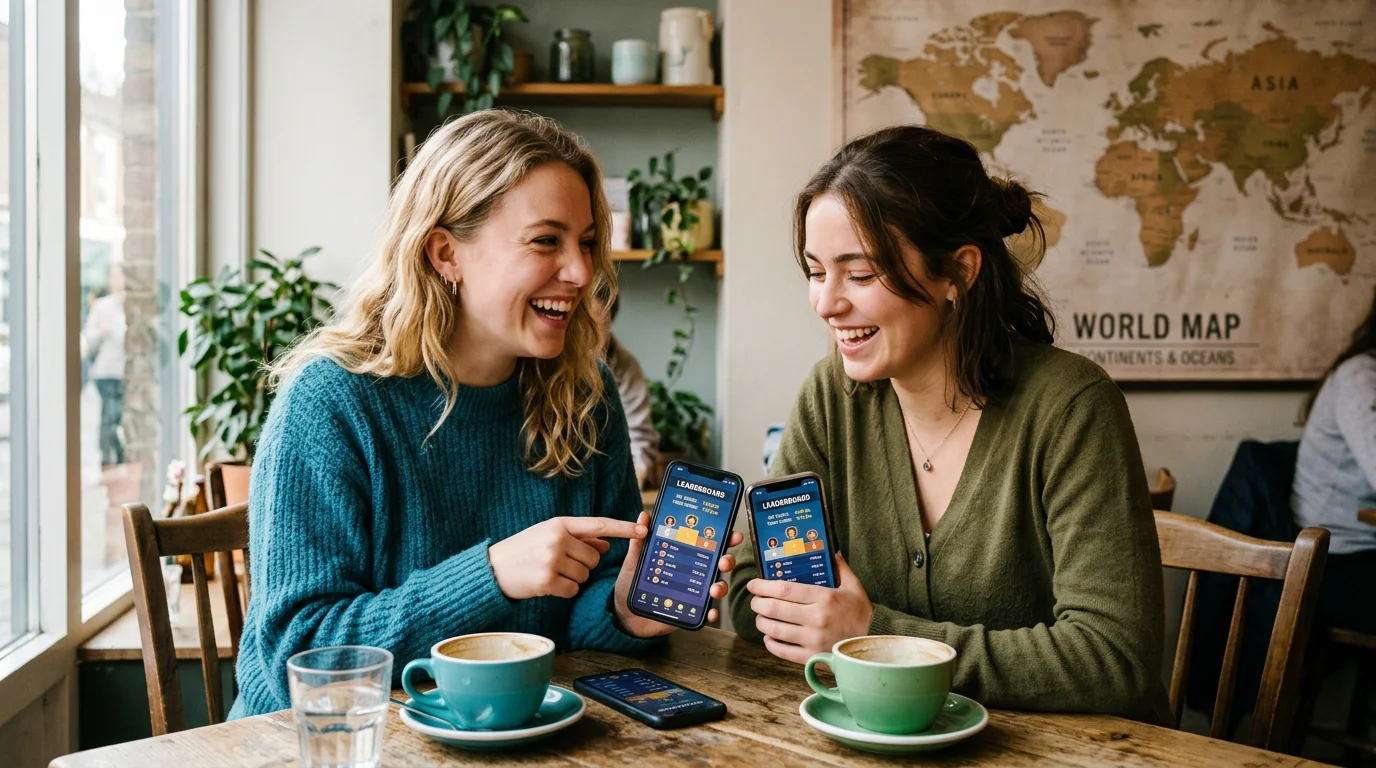 Two friends comparing their daily geography puzzle scores