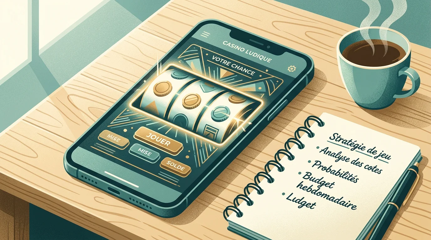 Illustration éditoriale d'un smartphone affichant une machine à sous en ligne avec tours gratuits