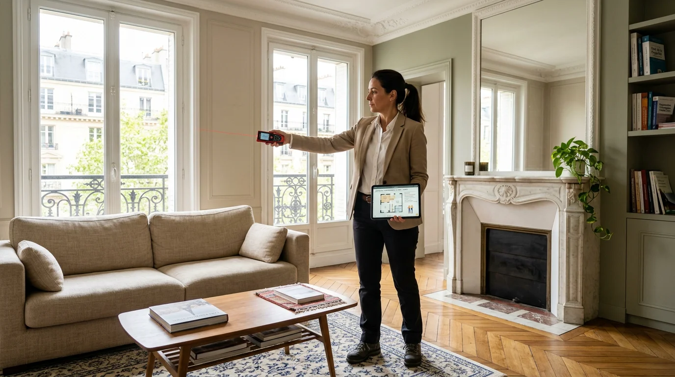 Diagnostiqueur immobilier mesurant un logement lors d'un DPE