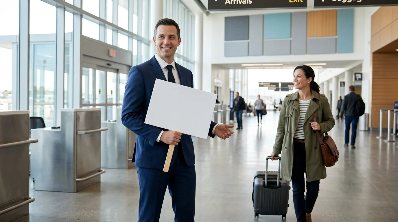 Chauffeur greeting an arriving traveler with a name sign in an airport arrivals hall