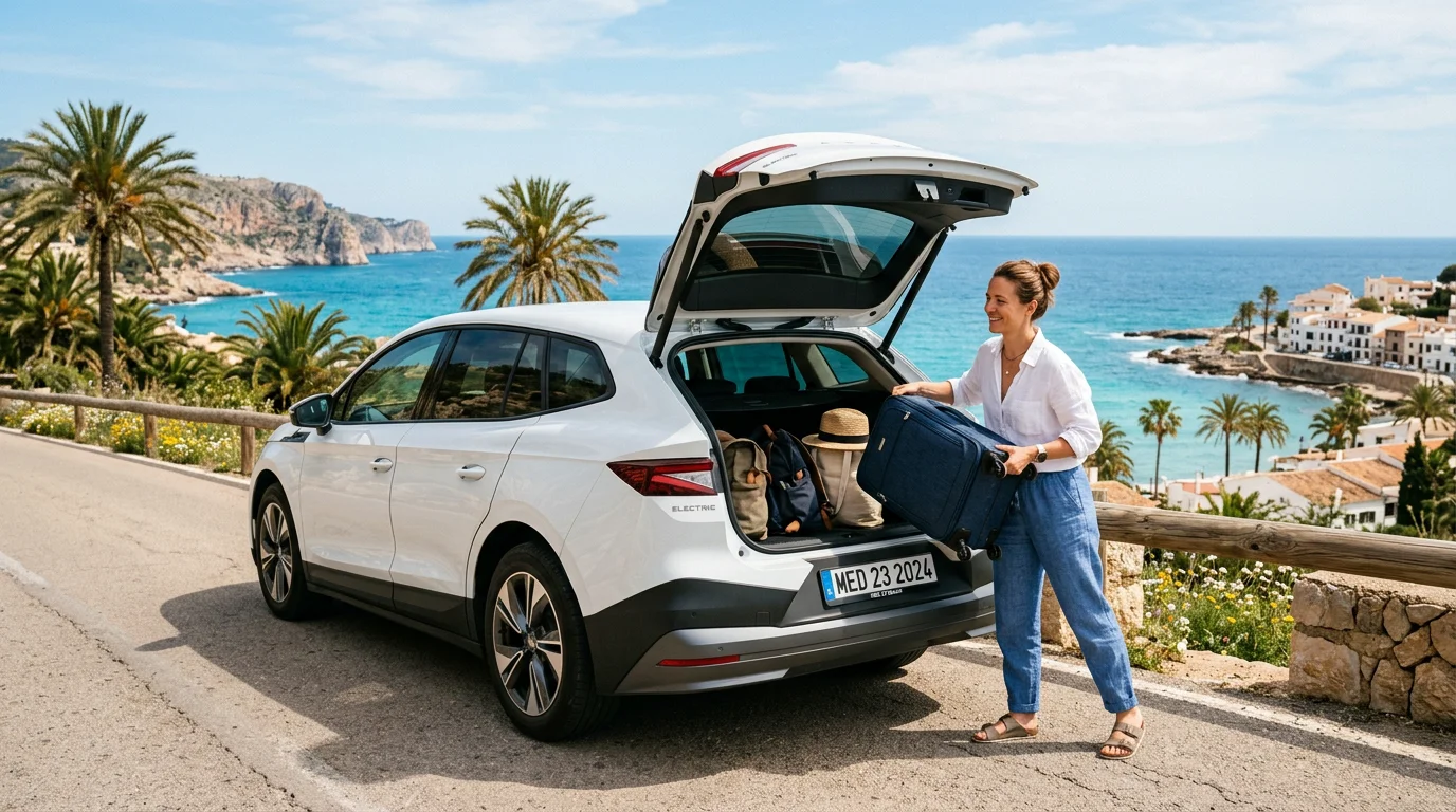 Electric SUV on a coastal road being loaded with luggage for an airport transfer