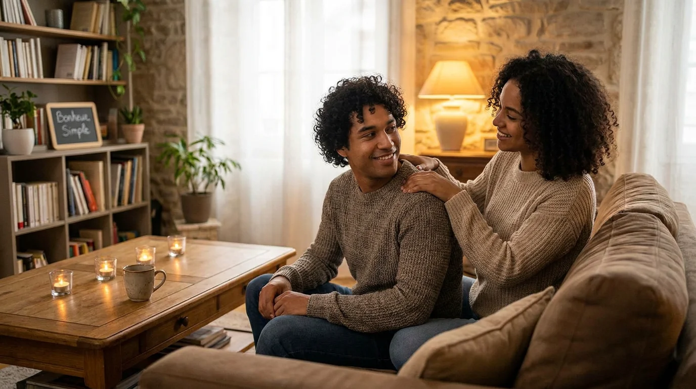 Un couple hispanique souriant, la femme masse les épaules de son copain dans un salon chaleureux éclairé à la bougie
