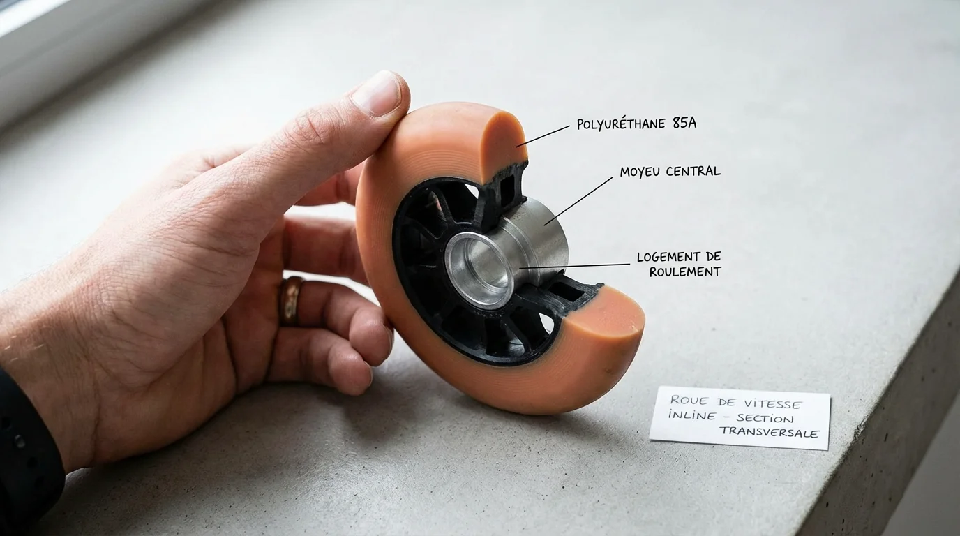 Vue en coupe d'une roue de roller de vitesse montrant le moyeu, le polyuréthane et le logement de roulement