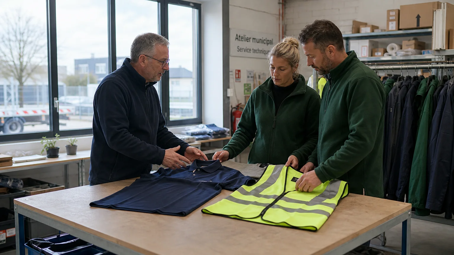Équipe professionnelle comparant des vêtements de travail et un gilet haute visibilité