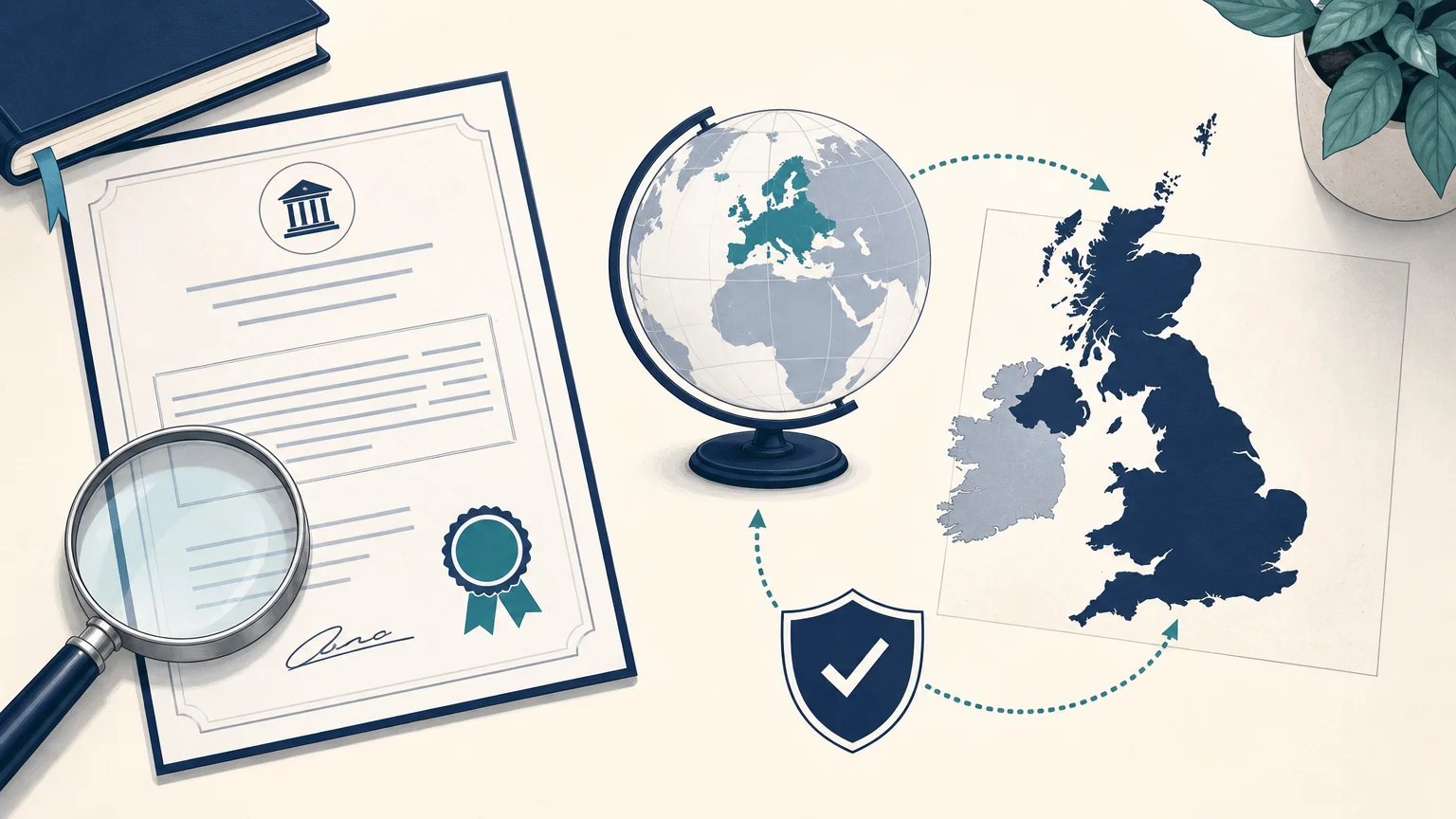 Editorial illustration of a licence document and map used to compare gambling jurisdictions