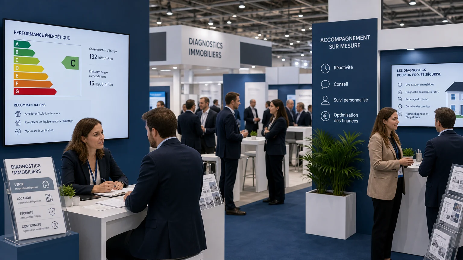 Vue d'ensemble d'un salon professionnel du diagnostic immobilier en 2026