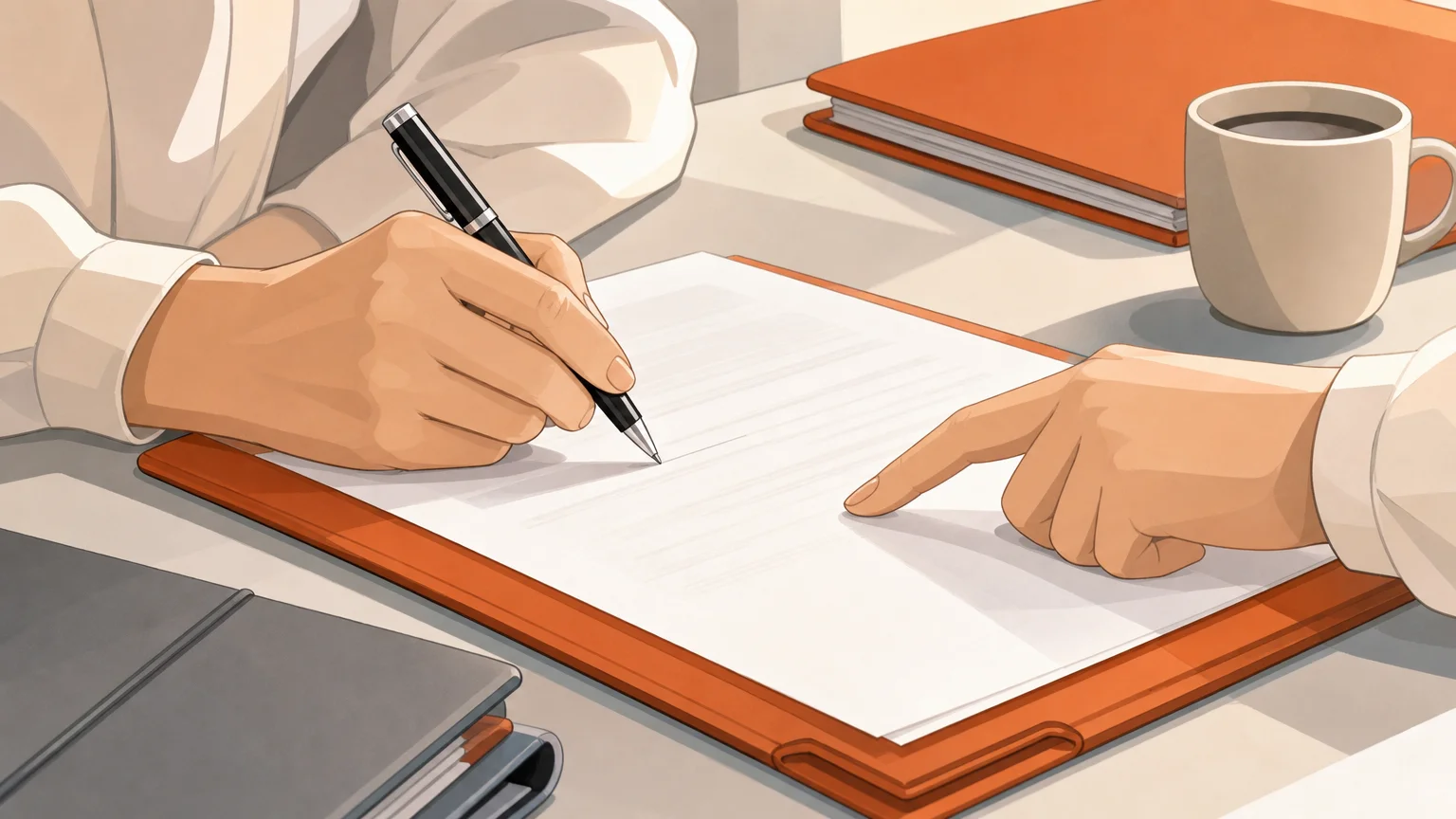 Gros plan illustré de mains signant des documents juridiques sur un bureau