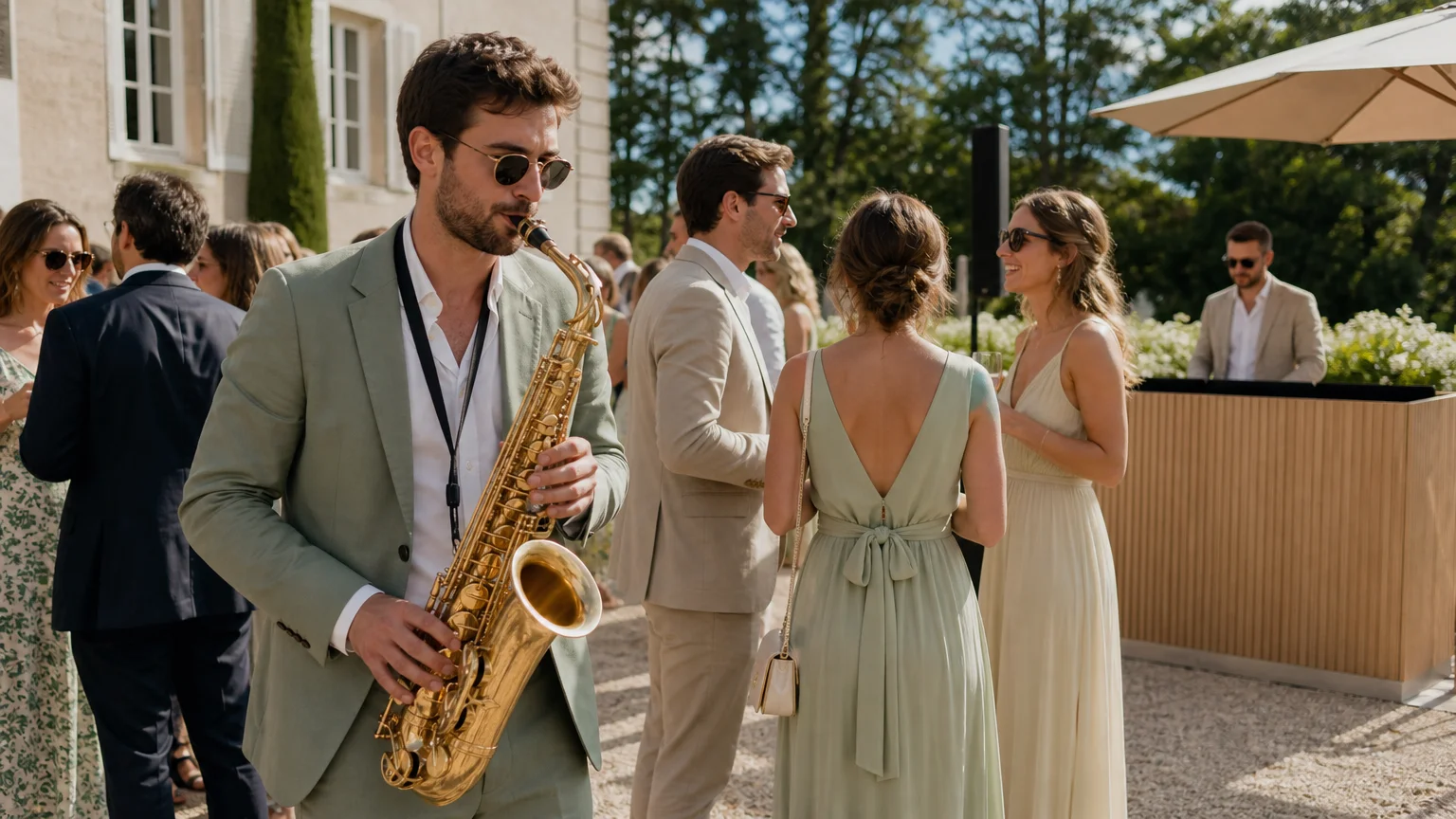 Saxophoniste live pendant le cocktail d’un mariage