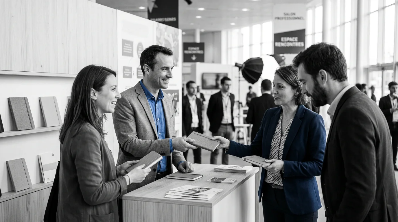 Distribution de semainiers de poche personnalisés sur un stand de salon professionnel