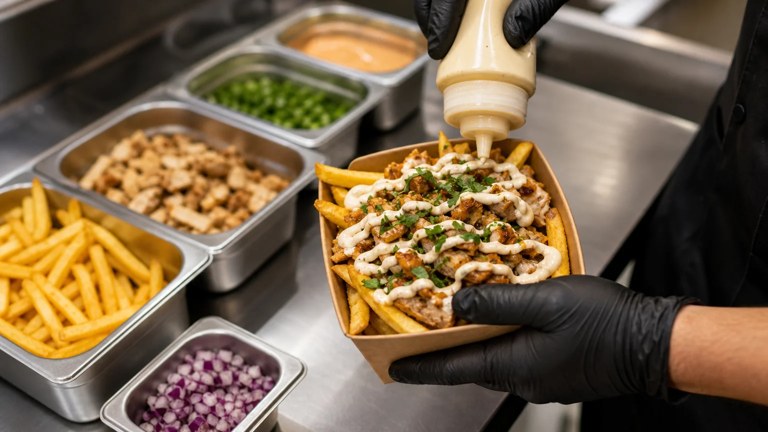 Préparation d’un bucket composé de frites, viande et nappage