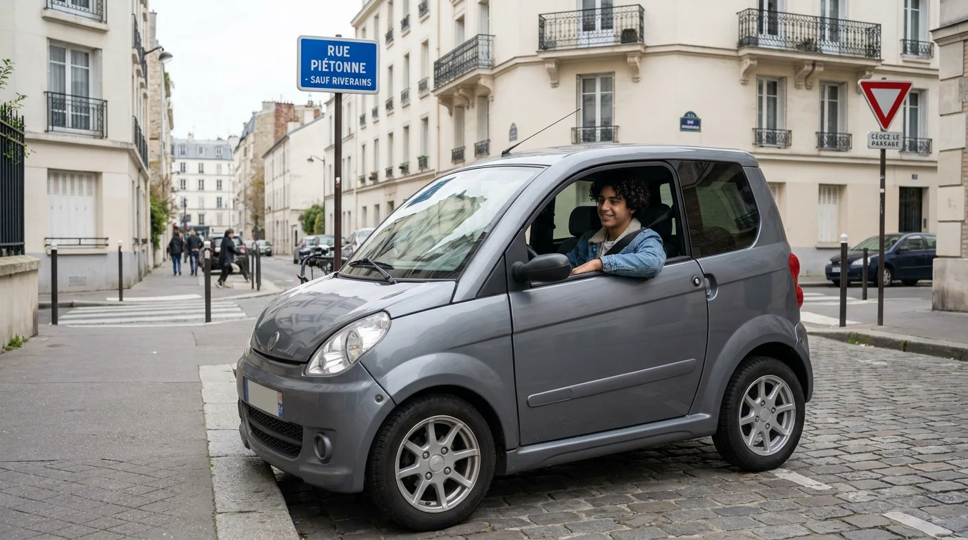 Jeune conducteur au volant d'une voiture sans permis sur une rue française