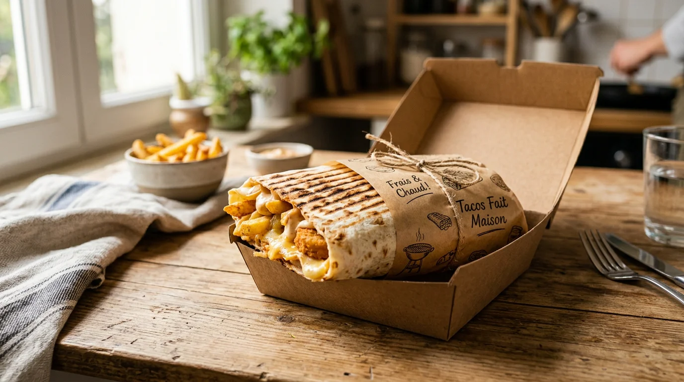 French tacos emballé prêt pour la livraison sur un plan de travail