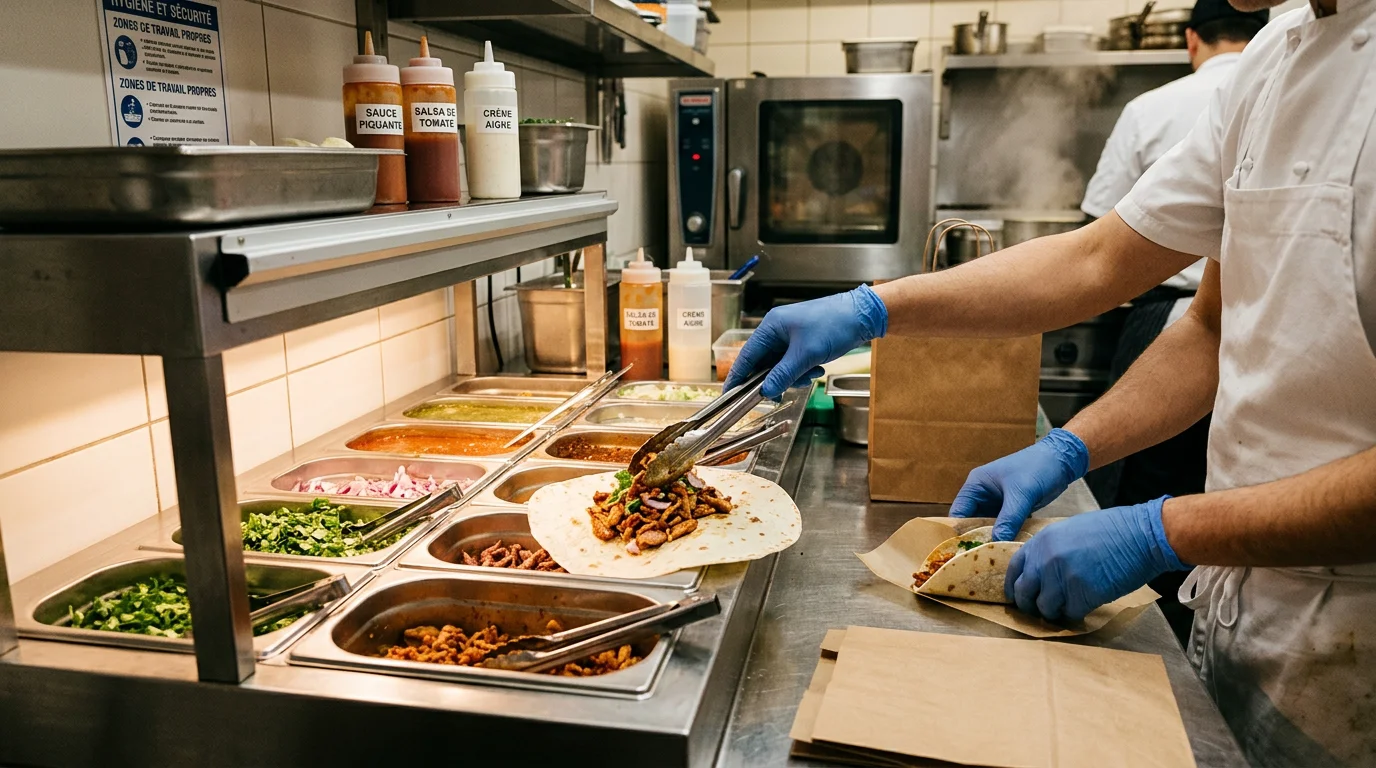 Station de cuisine préparant des tacos destinés à la livraison