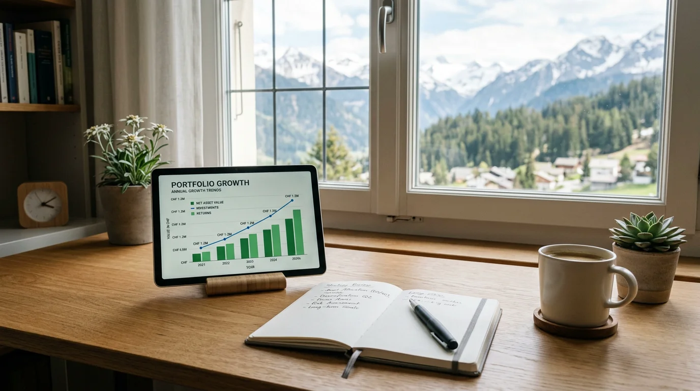 Person reviewing a pillar 3a investment growth chart on a tablet at a home desk