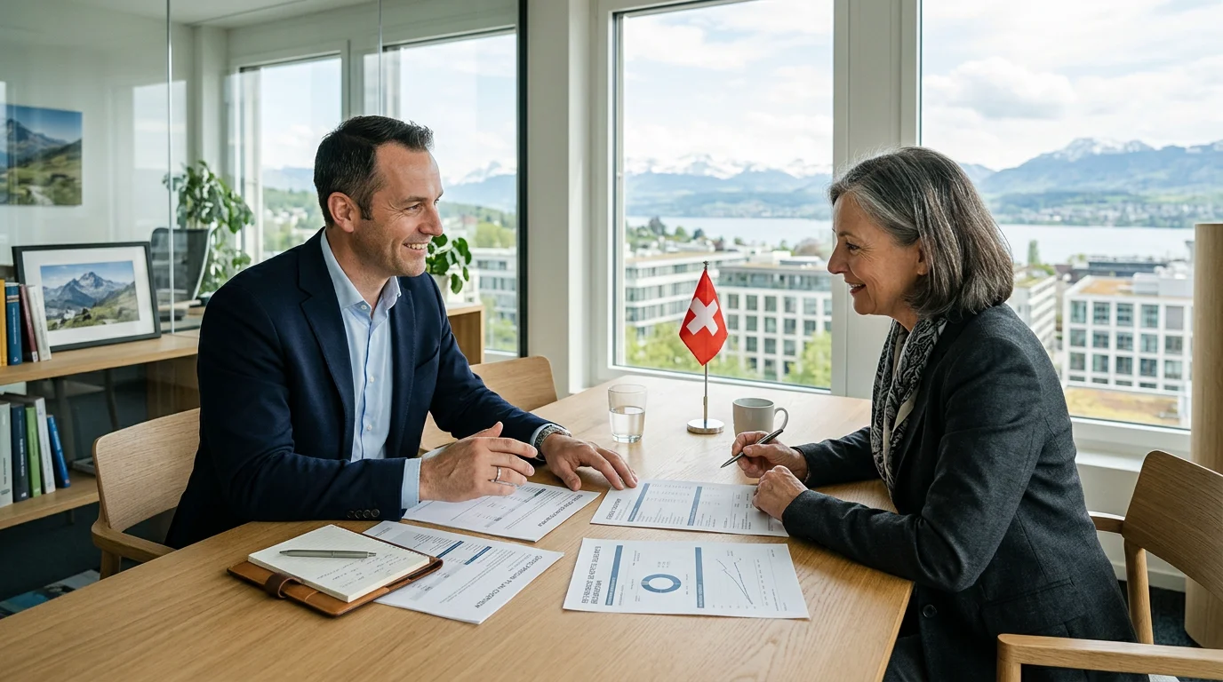 Independent advisor explaining pillar 3a options to a client in a Swiss office