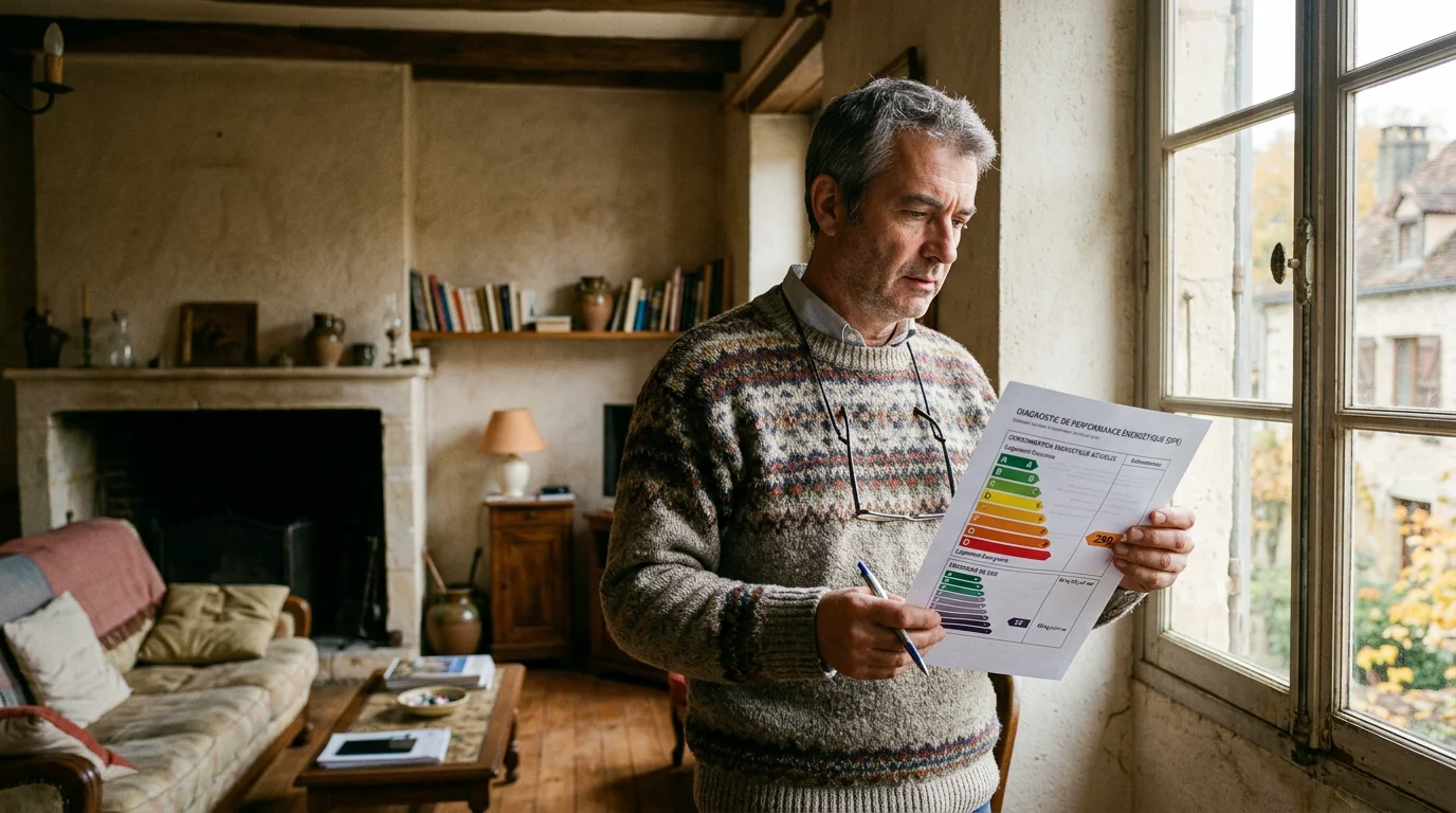 Propriétaire consultant l'étiquette énergie F du DPE de son logement
