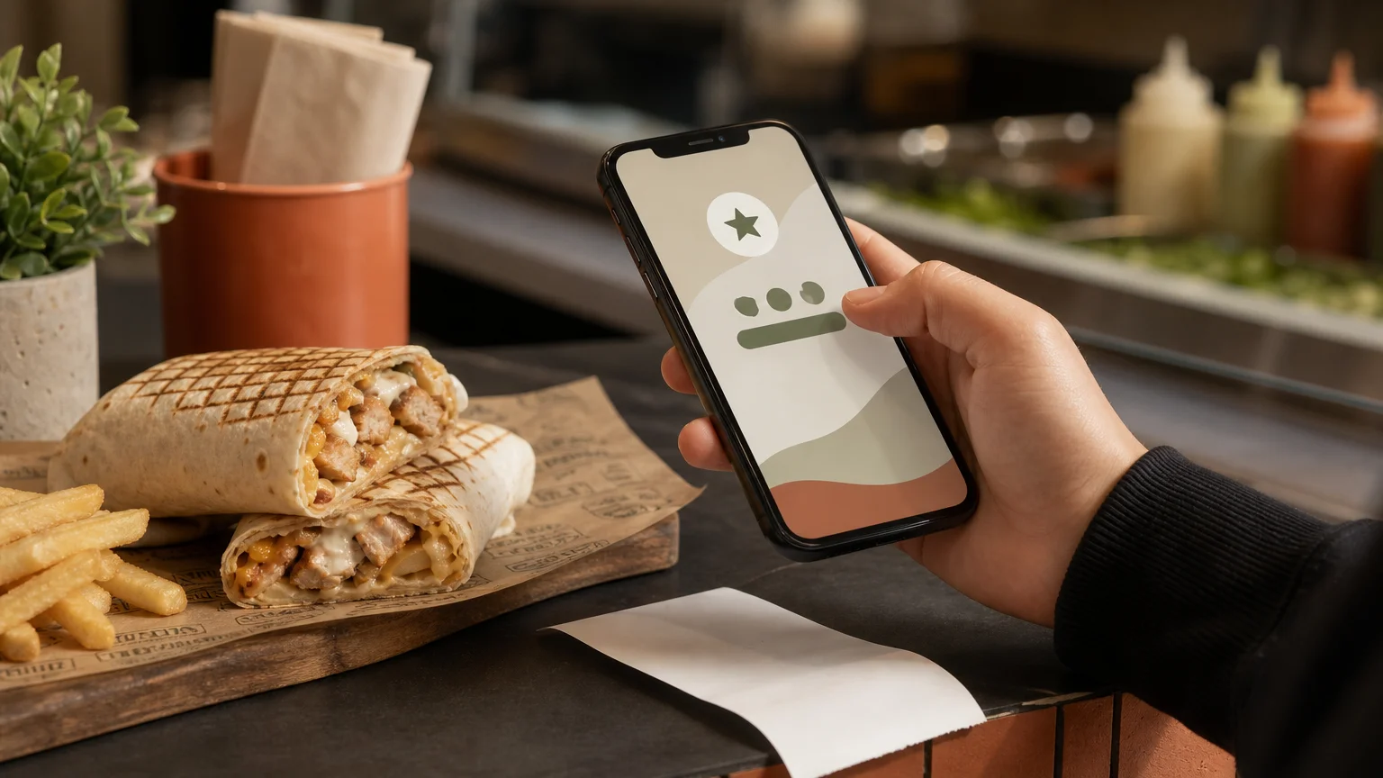 Smartphone et tacos illustrant le cumul de points de fidélité