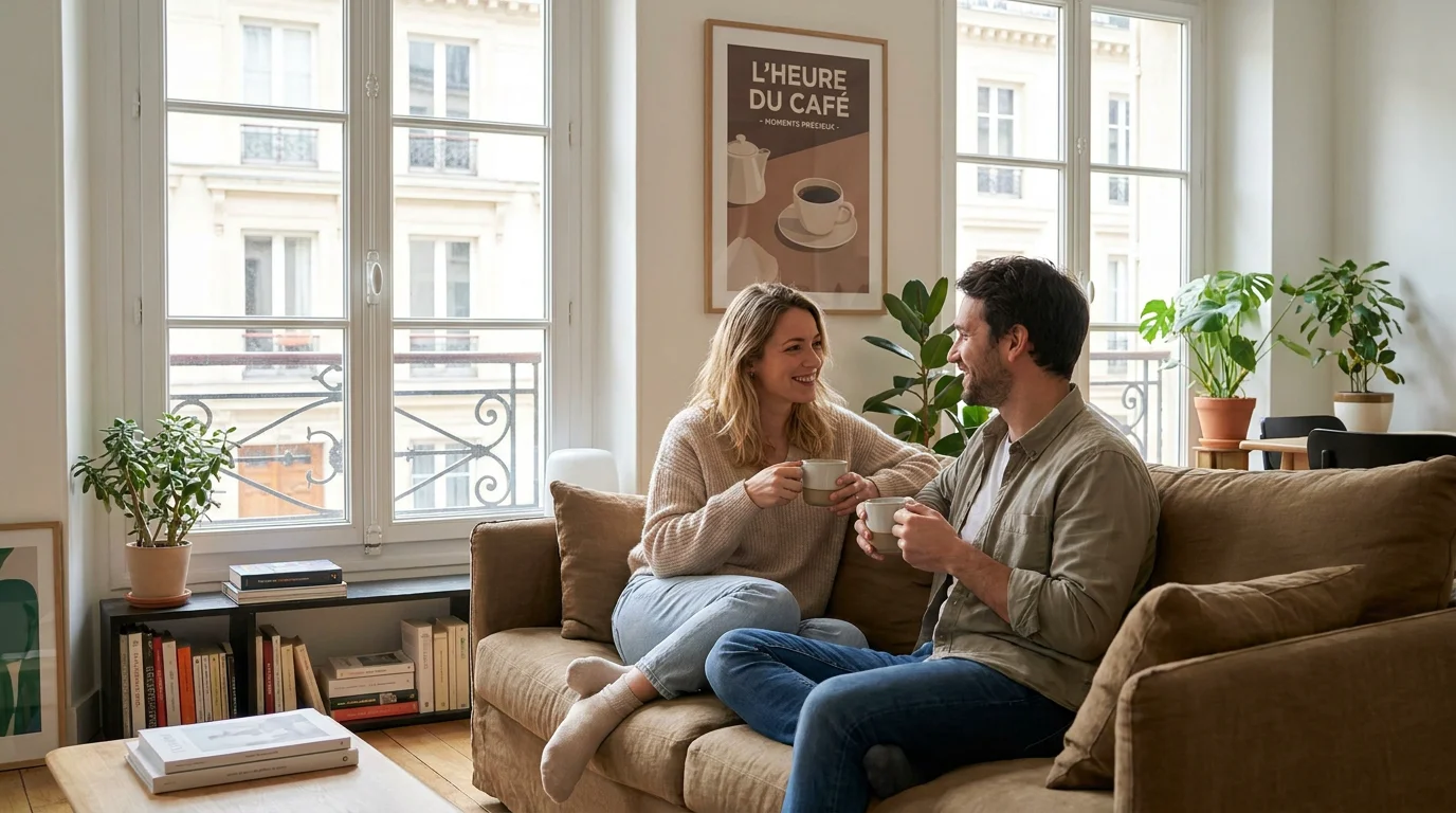 Couple européen dans la trentaine partageant un moment intime sur un canapé