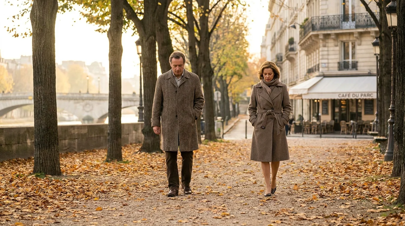 Couple européen marchant dans un parc en automne avec une atmosphère réflexive
