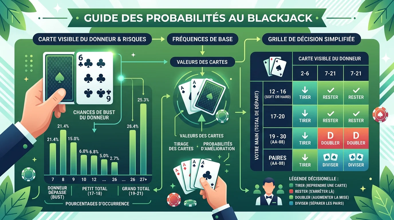 Infographie des probabilités de bust et décisions au blackjack