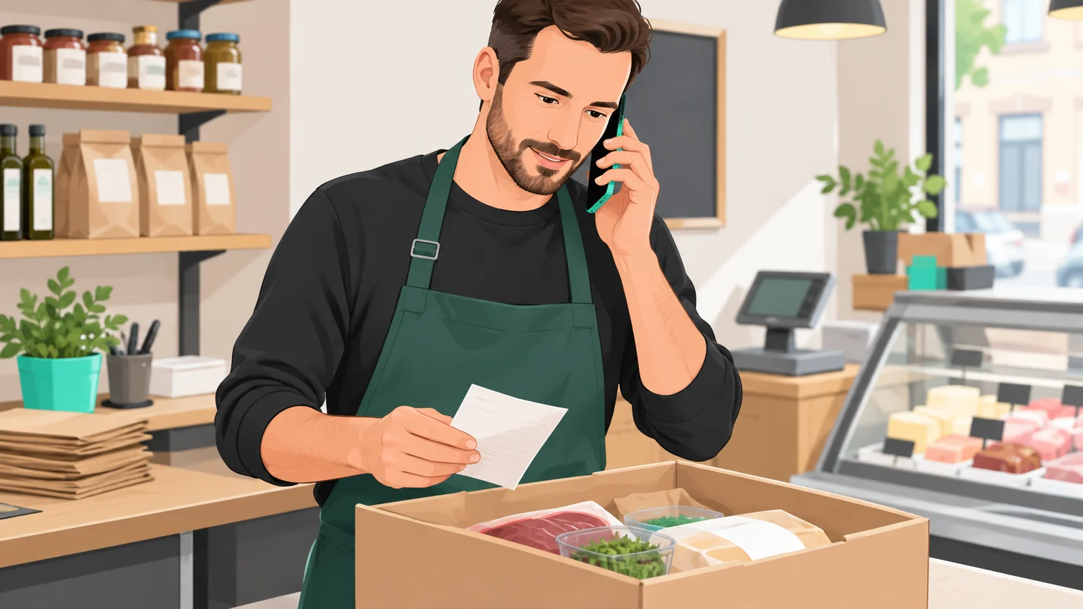 Commerçant vérifiant une commande et contactant l’assistance