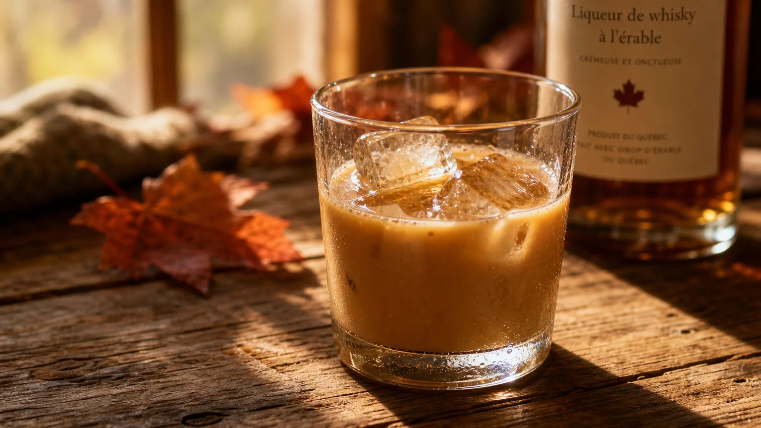 Verre de crème de whisky à l'érable servie sur glace